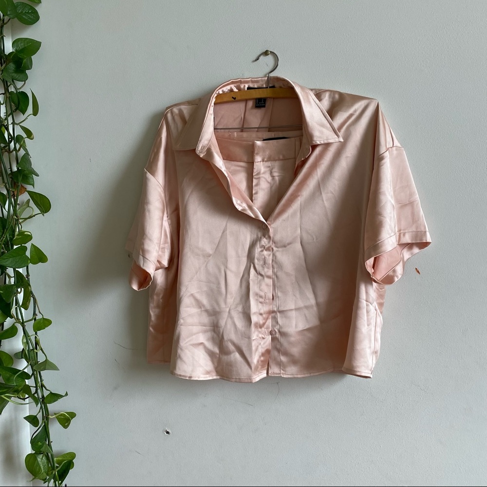 pink satin shirt and shorts set